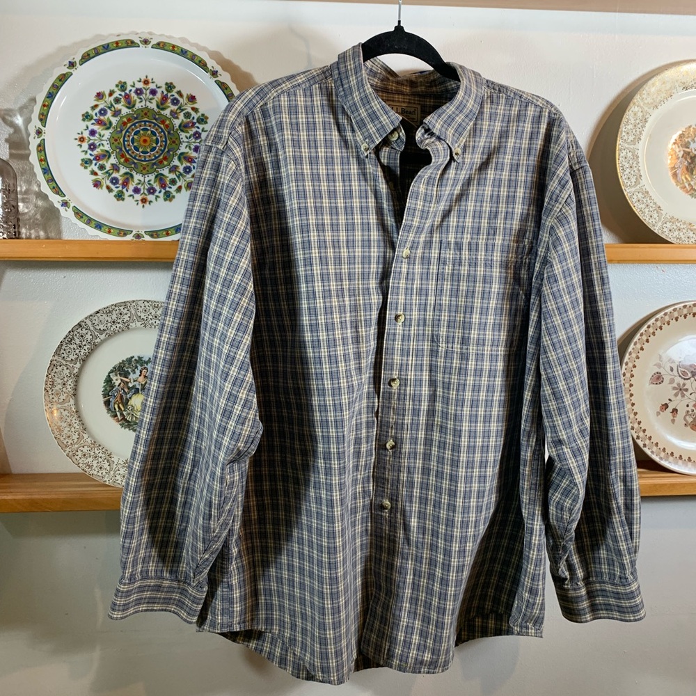 LL Bean Flannel Shirt Mens Large Tan Cream Blue Plaid Button Up Cotton